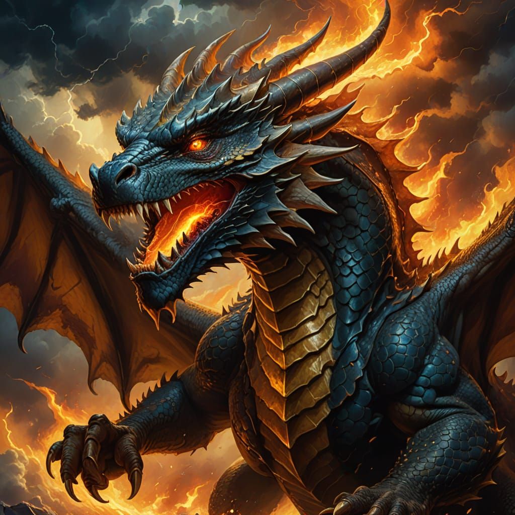 Majestic Dragon Soaring Through Stormy Skies as Oil Painting