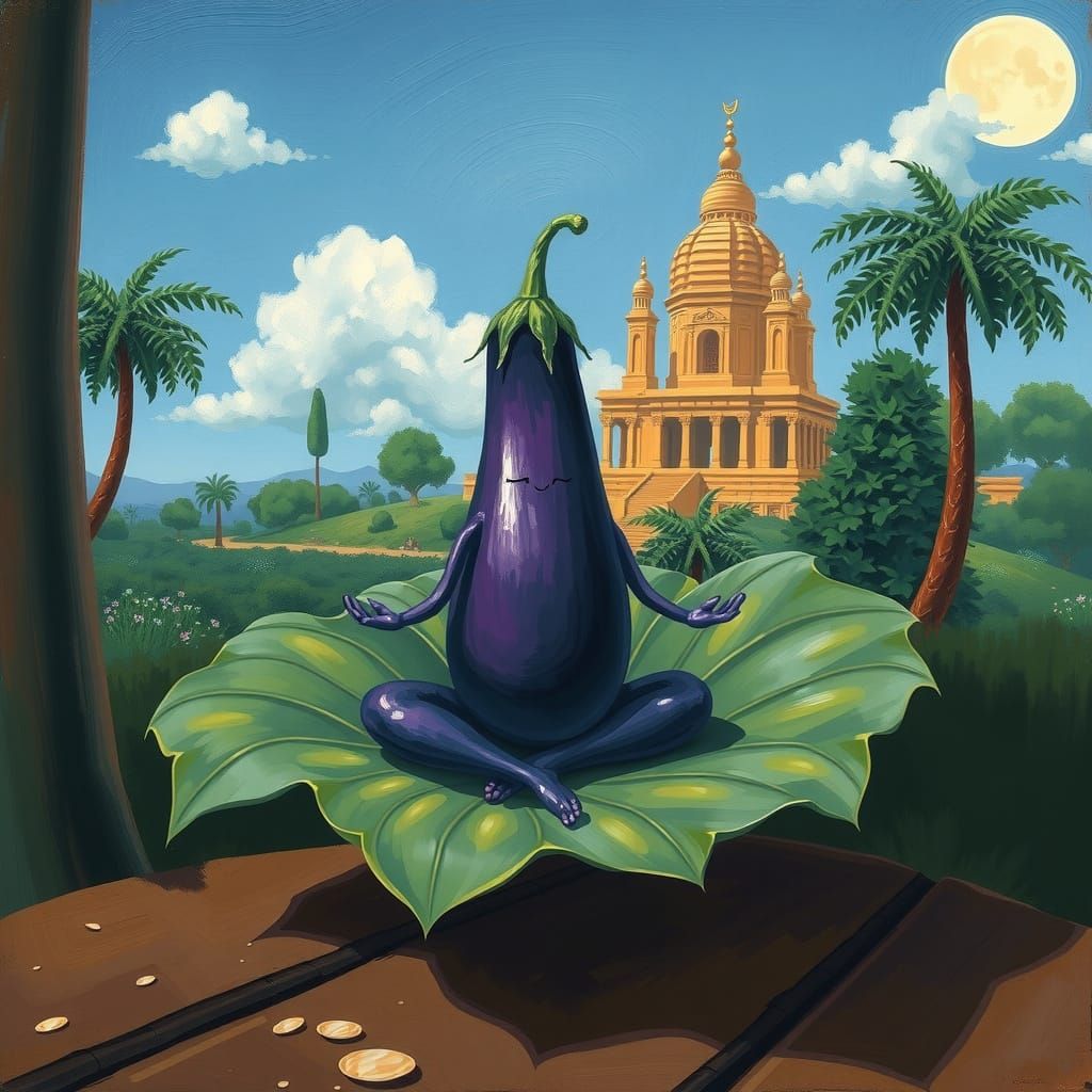 Eggplant in Serene Temple Landscape