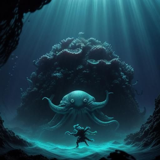 Humanoid Octopus in Dark Ocean Depths