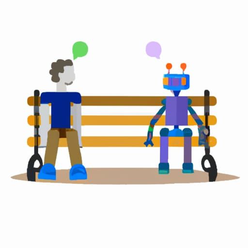 Man and Robot Chatting on Park Bench Illustration