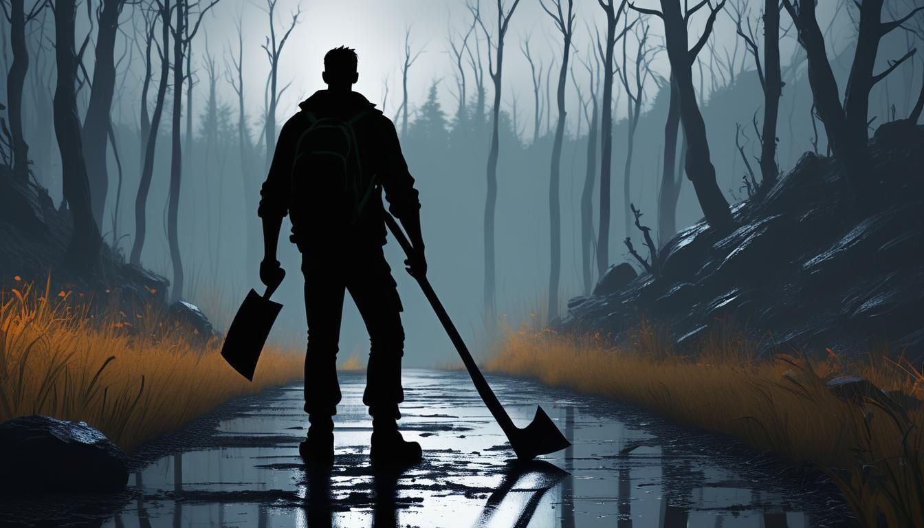 Silhouette on Trail in Rainstorm: Hyperrealistic Gothic Horr...