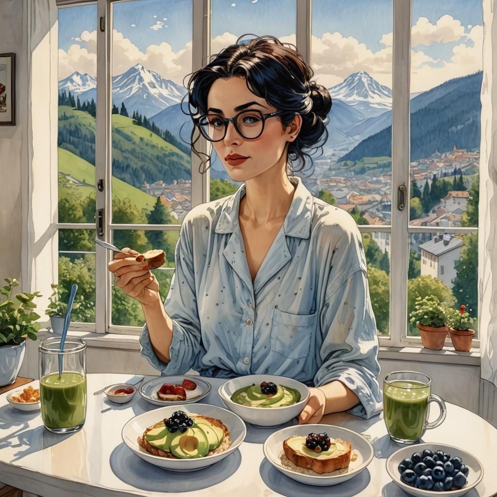 Woman Eating Avocado Toast in Bande Dessinée Style