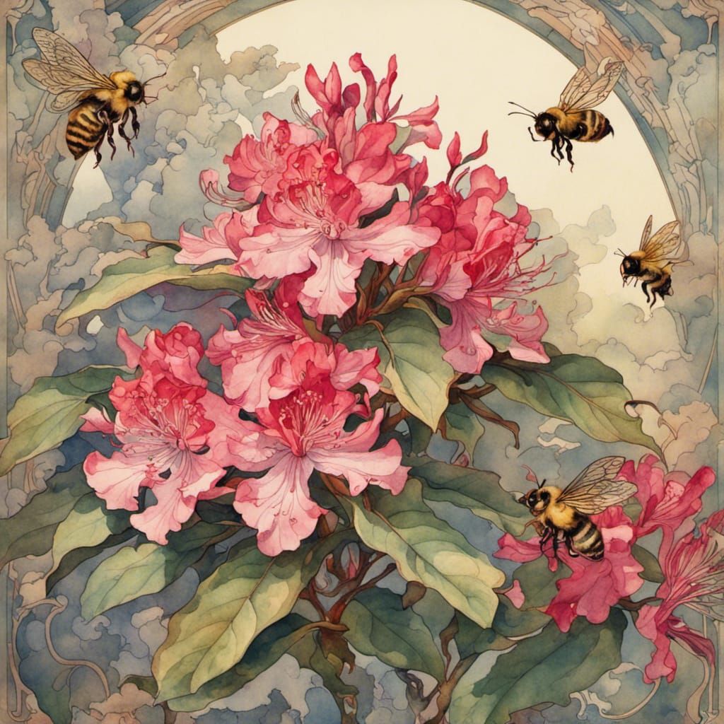 Rhododendron Bush in Art Nouveau Style