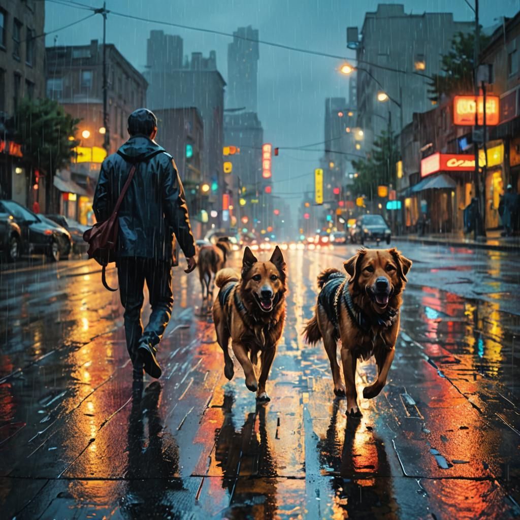Dogs Walk with Man in Rainy Cityscape