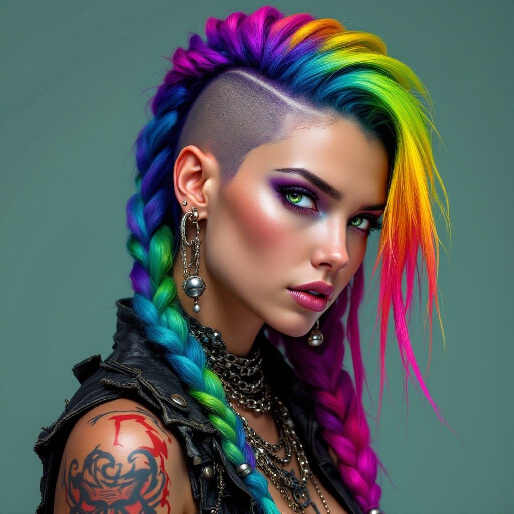 Cyberpunk Warrior Goddess with Rainbow Braids