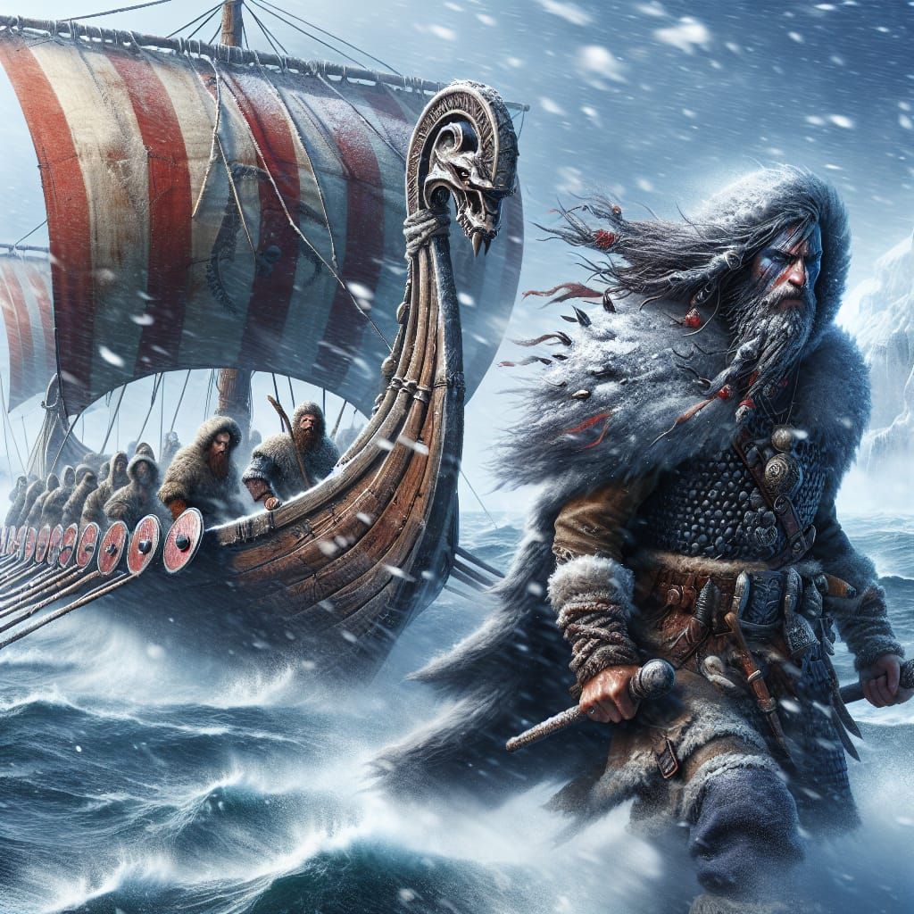 Viking Warriors Enduring a Winter Storm at Sea
