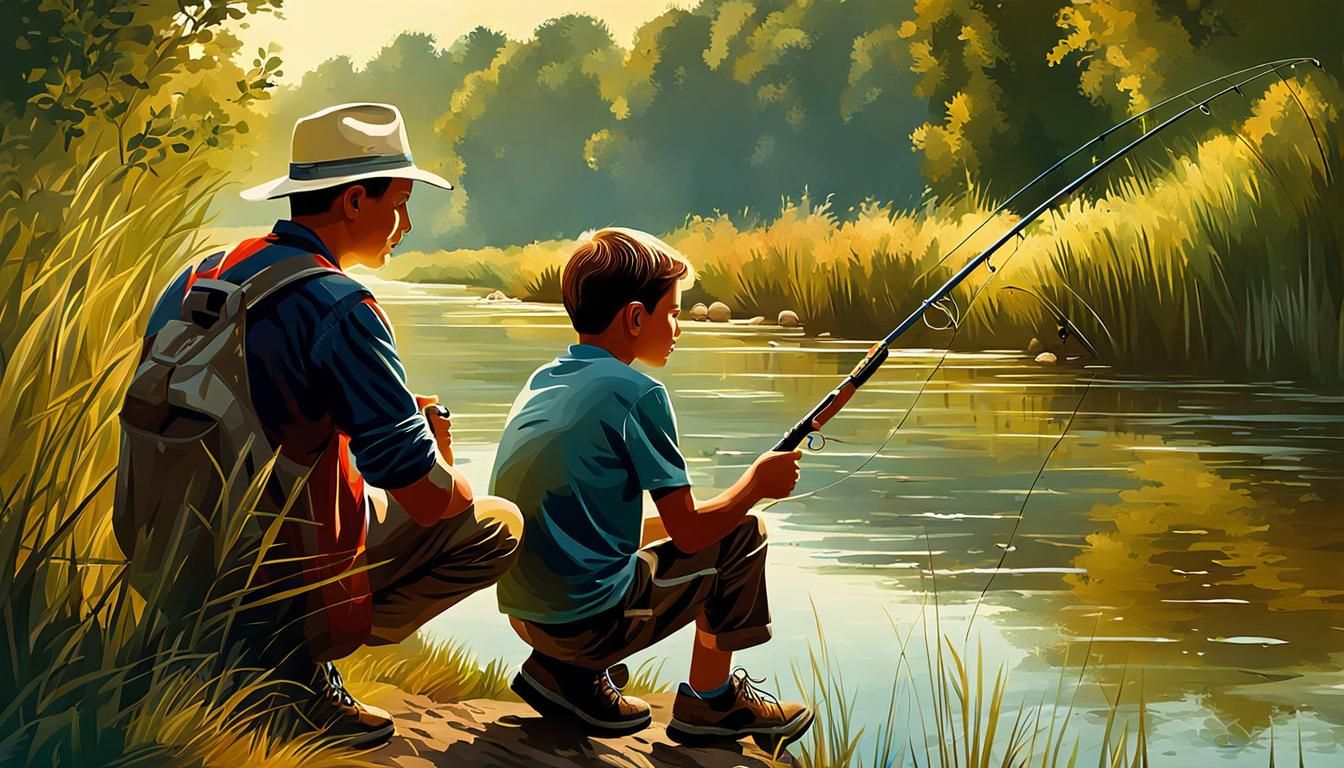 Boy and Father Fishing on Riverbank in Summer