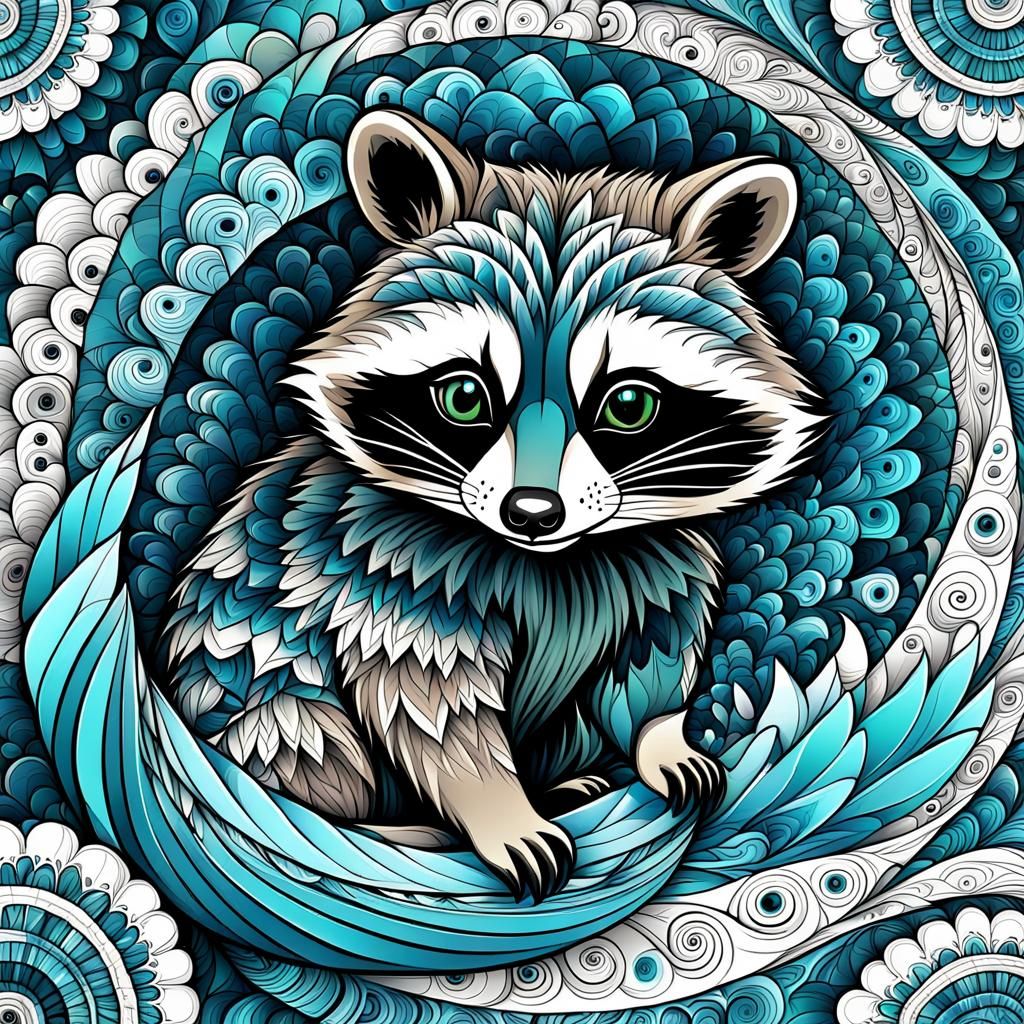 Abstract Raccoon Portrait with Fractal and Zentangle Element...