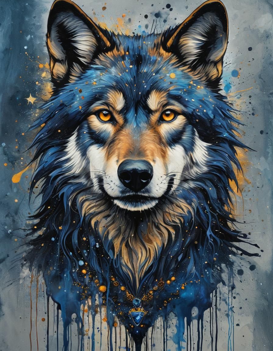 Psychedelic Art Nouveau Wolf in Deep Space