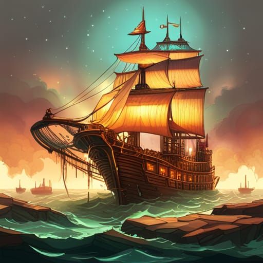 Cybernetic Steampunk Pirate Ship in Digital Painting Style