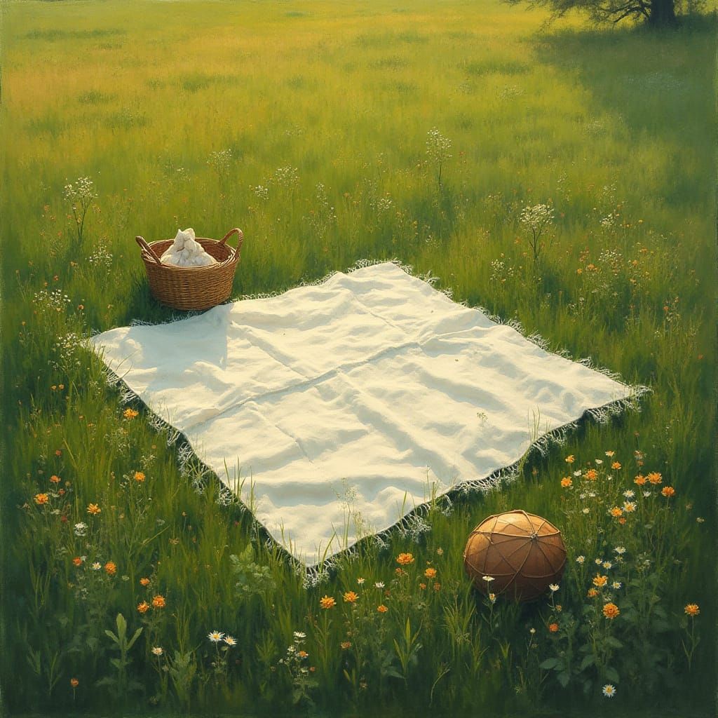 Aerial Picnic Blanket in Lush Field: Impressionist Style