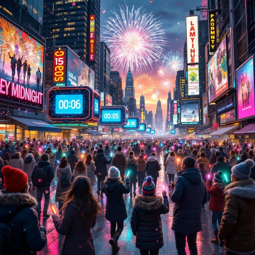 Futuristic Cityscape Celebrates New Year's Arrival in Neon-L...