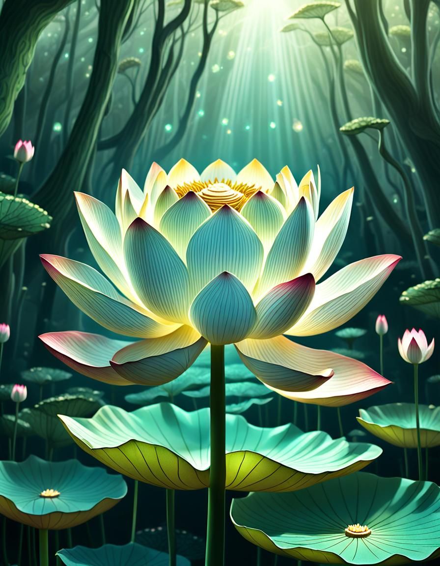 Lotus Flower in Forest with Fractal Effects