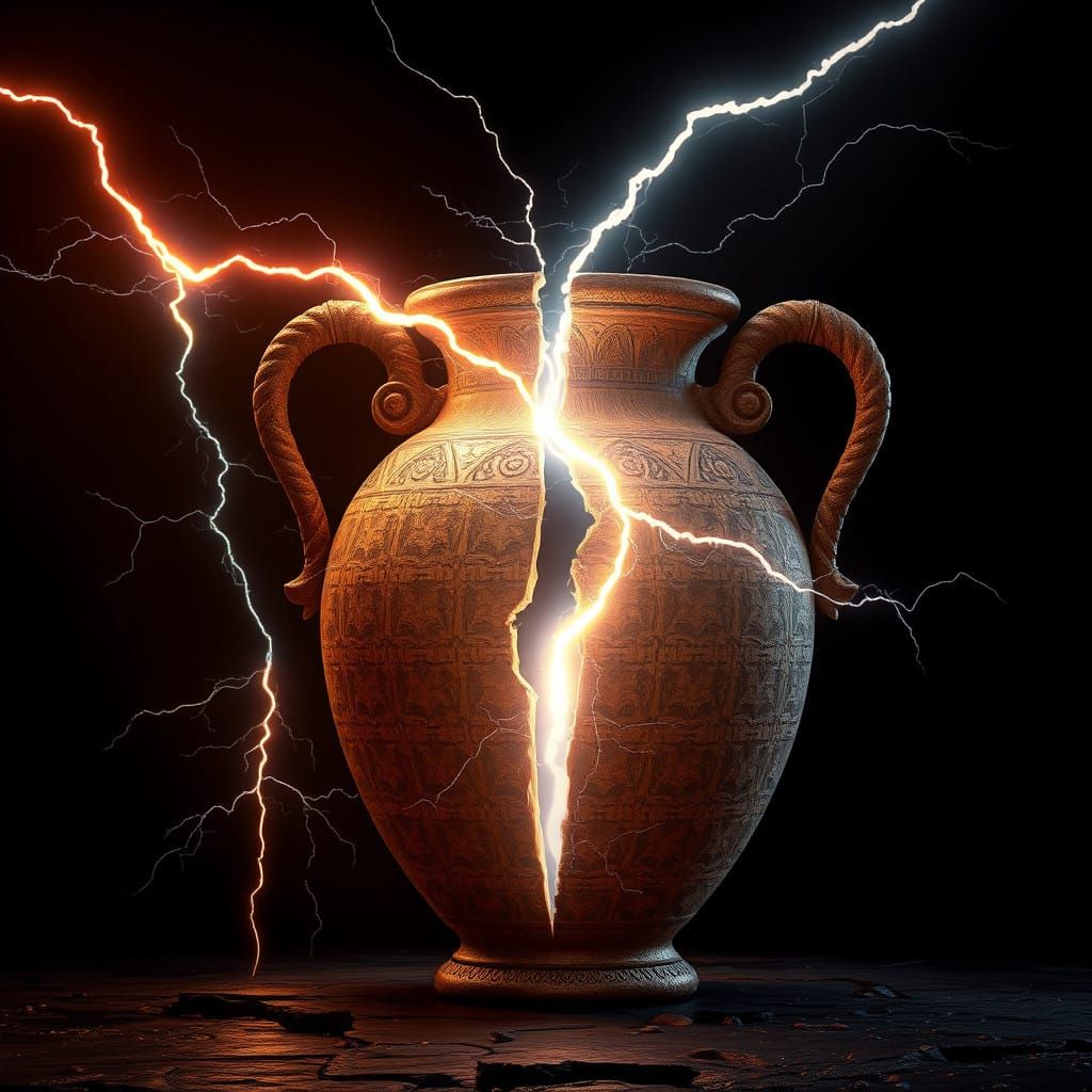 Surreal Scene of Lightning Hitting Ancient Vase in Half