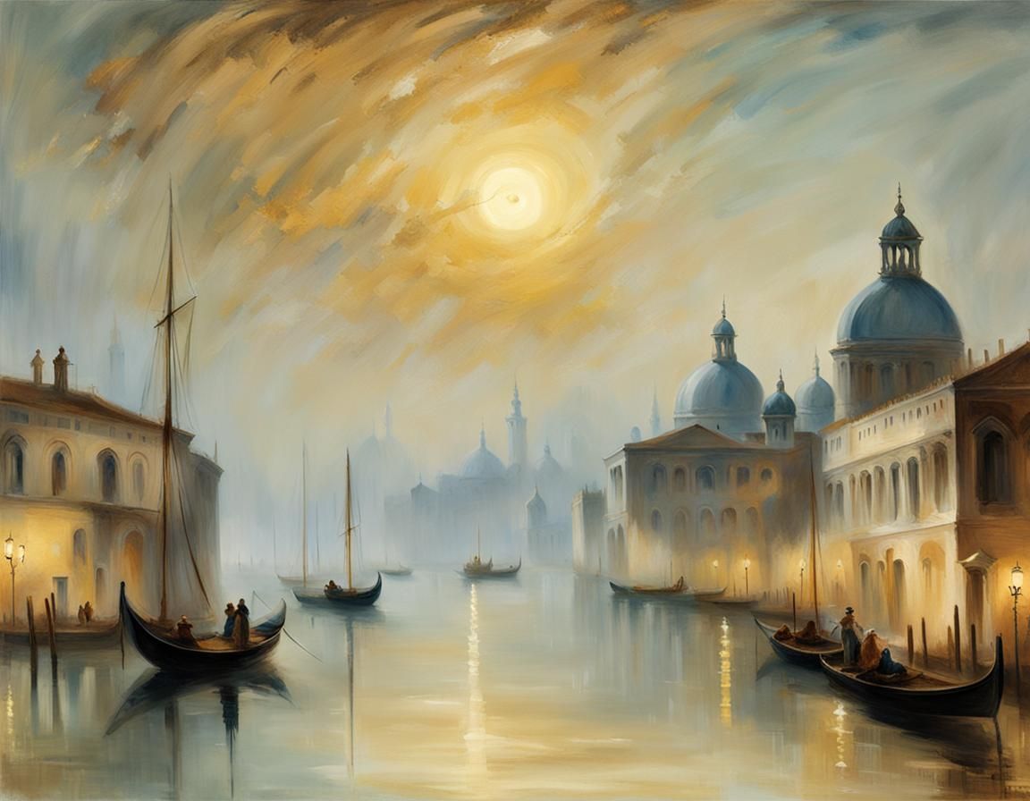 Venetian Lagoon in Moonlit Mist: Romanticist Painting
