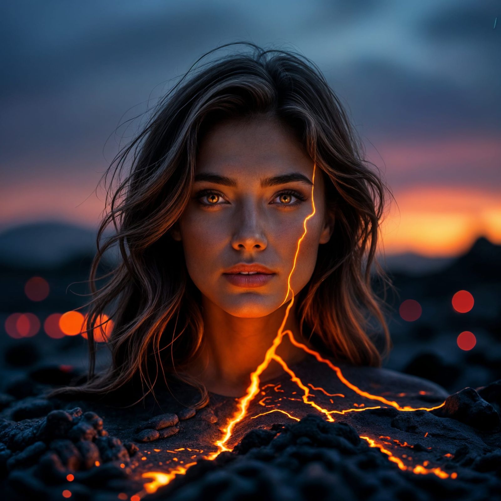 Woman Melting into Lava, Fire Lines, Abstract Beauty