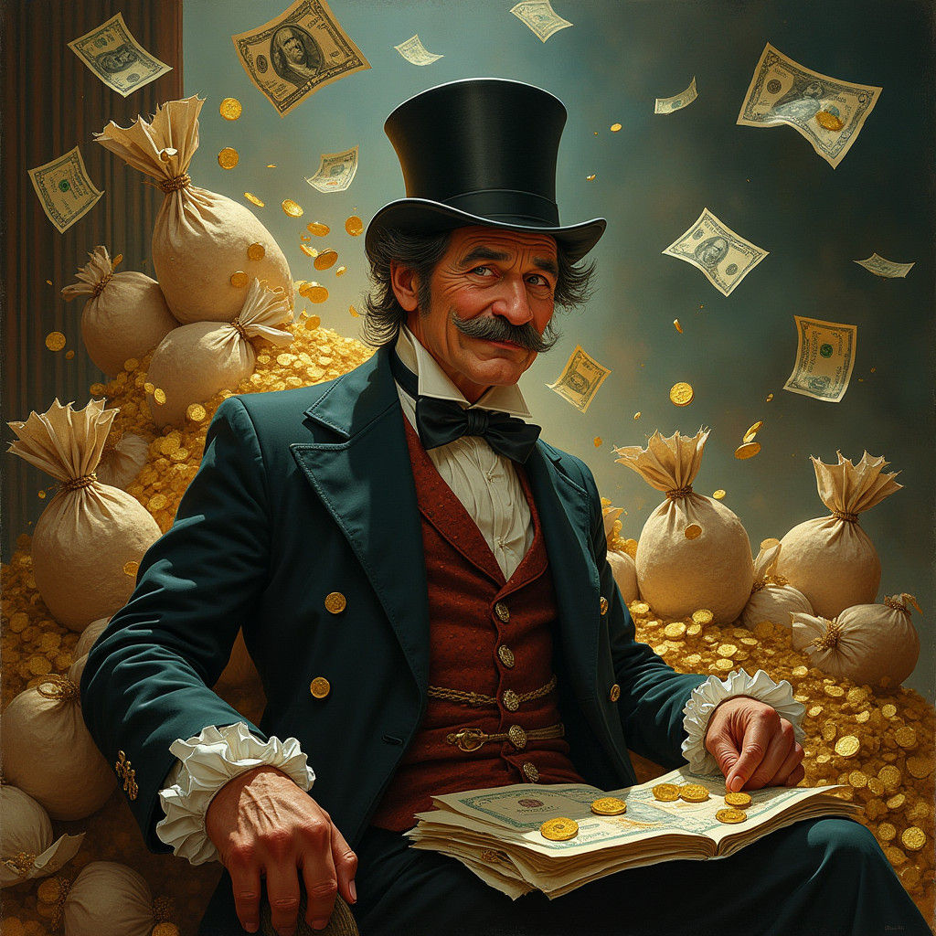 Ebenezer Scrooge Surrounded by Wealth in Doré Style