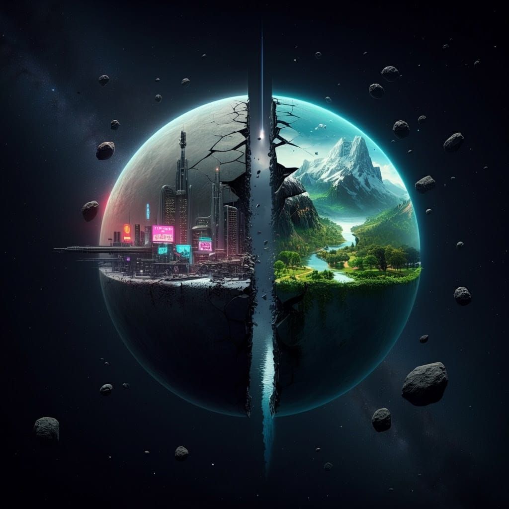 Cyberpunk Duality: A Cosmic Split of City and Wilderness