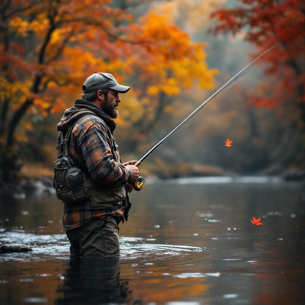 Fly Fisherman in Autumn River Valley, Impressionist Style