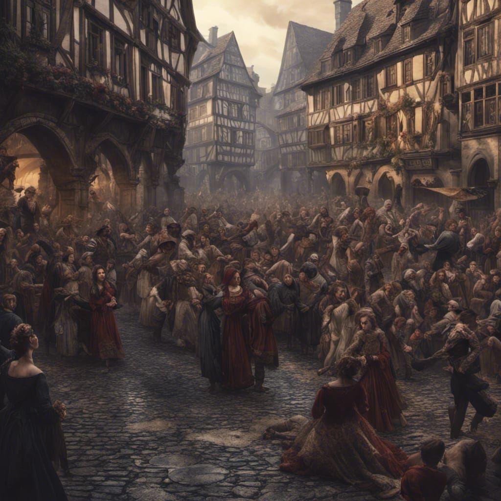 Exhausted Dancers in Medieval Strasbourg: Detailed Matte Pai...