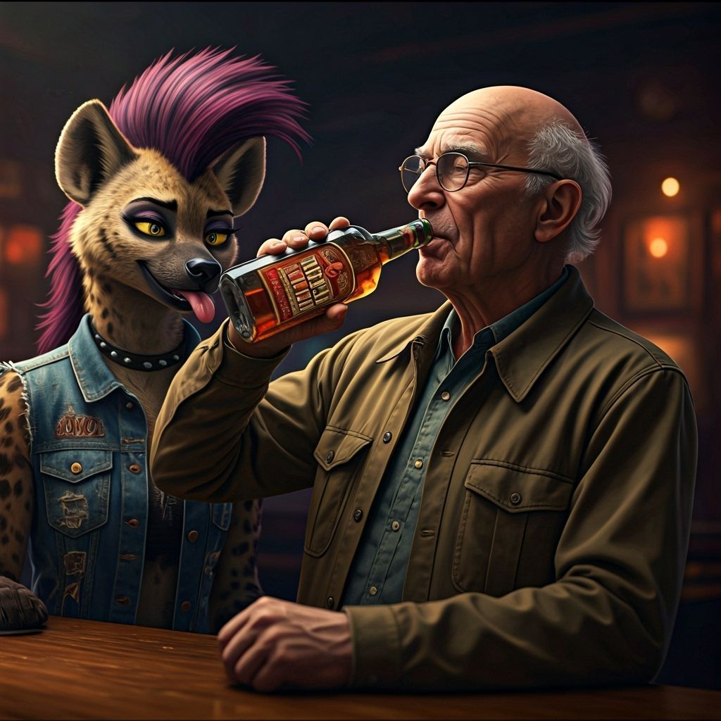 Elderly Man and Hyena in Bar, Golden Age Illustration