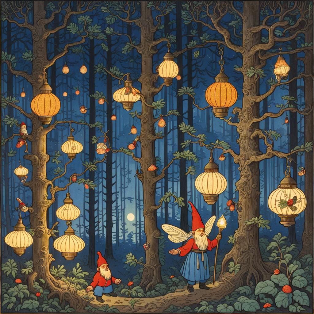 Magical Gnomes Illuminate Forest with Firefly Lamps
