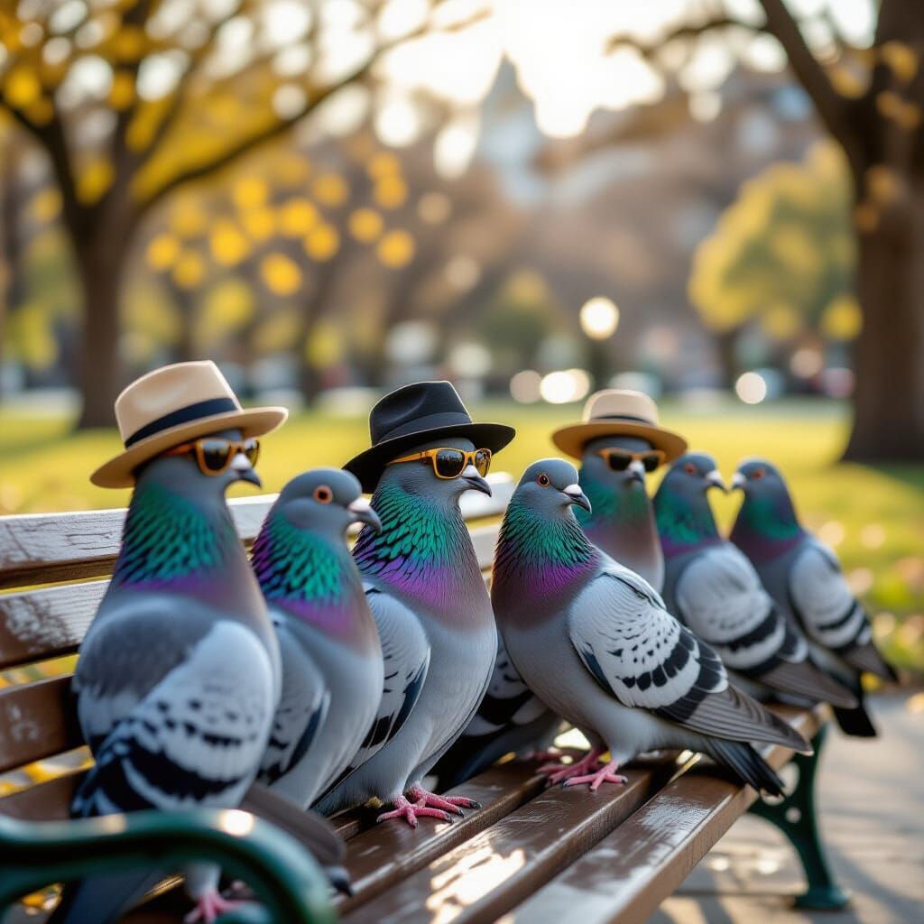 Pigeons in Sunglasses and Hats Mimic Gentlemen in Park