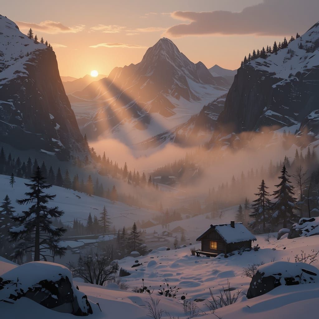 Gloomy Snowy Valley at Sundown Digital Matte Painting