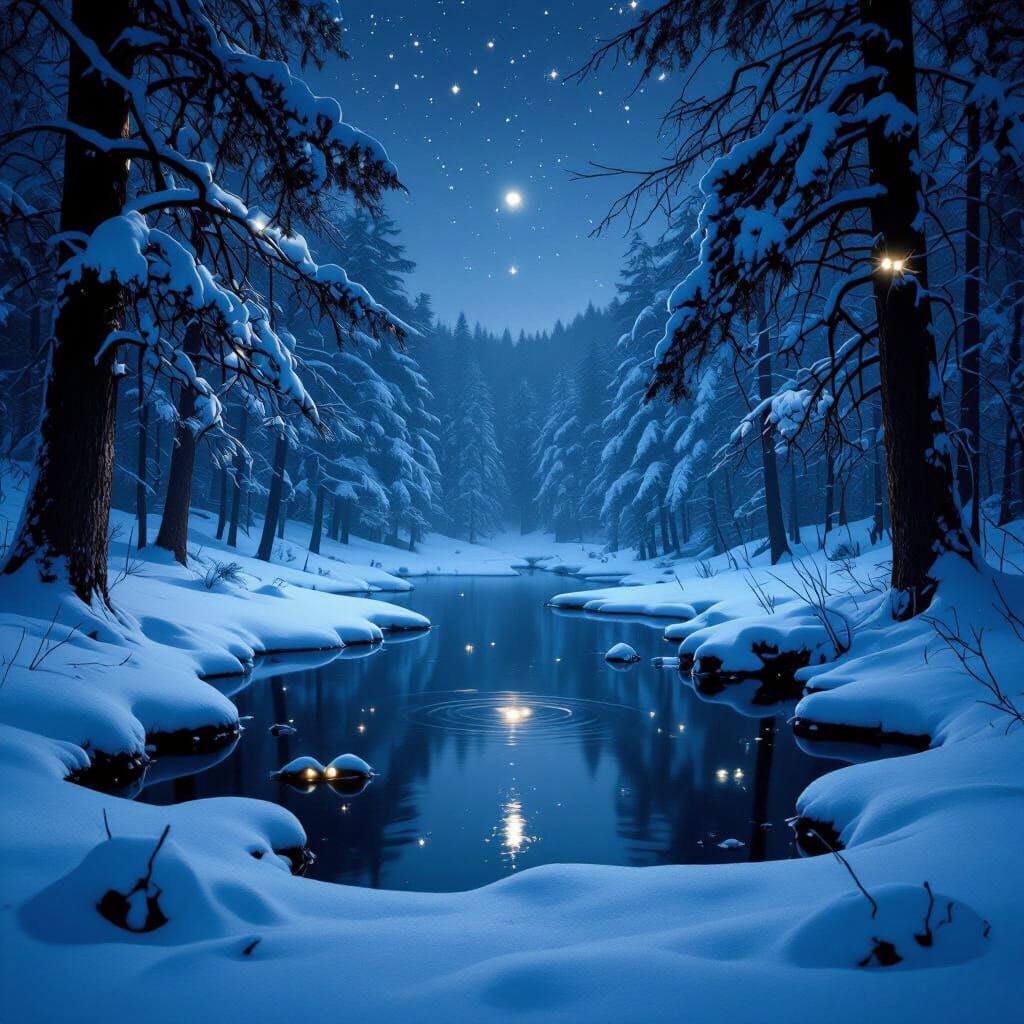 Starlight Reflections in Snowy Forest Pond