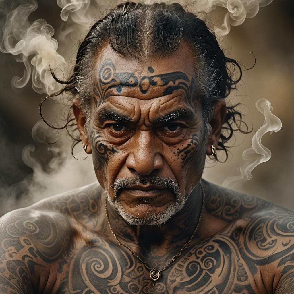 Maori Man Portrait with Tattoos in Baroque Style