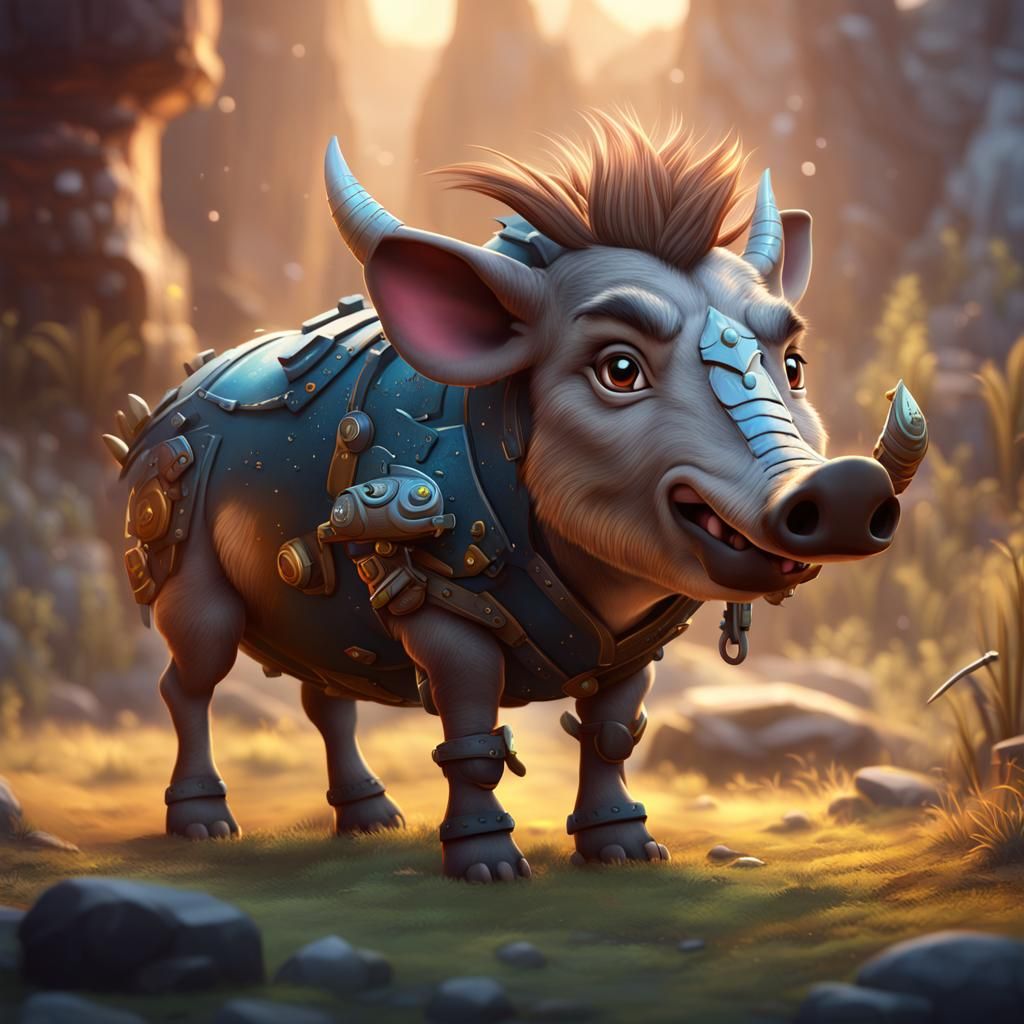 Cute Cartoon Warthog in Detailed Matte Painting