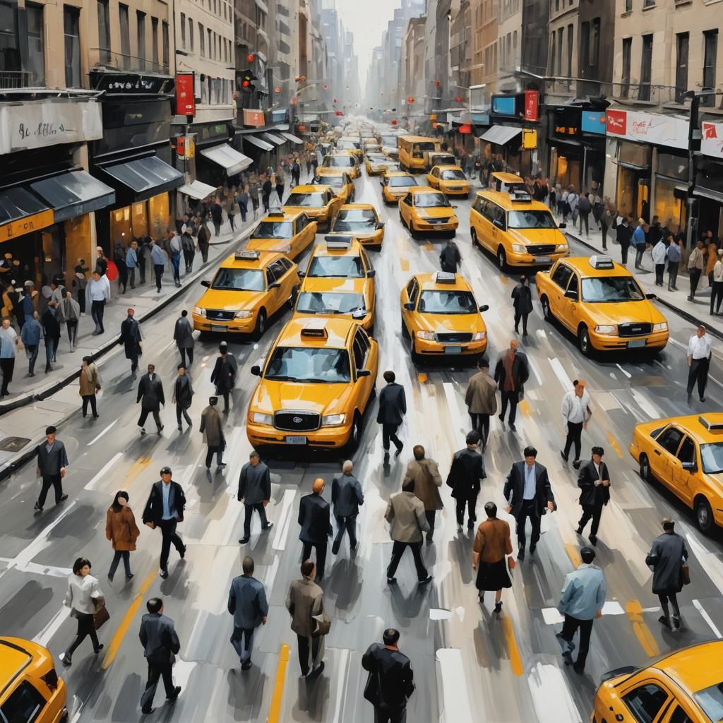 Busy City Street with Swirling Brush Strokes