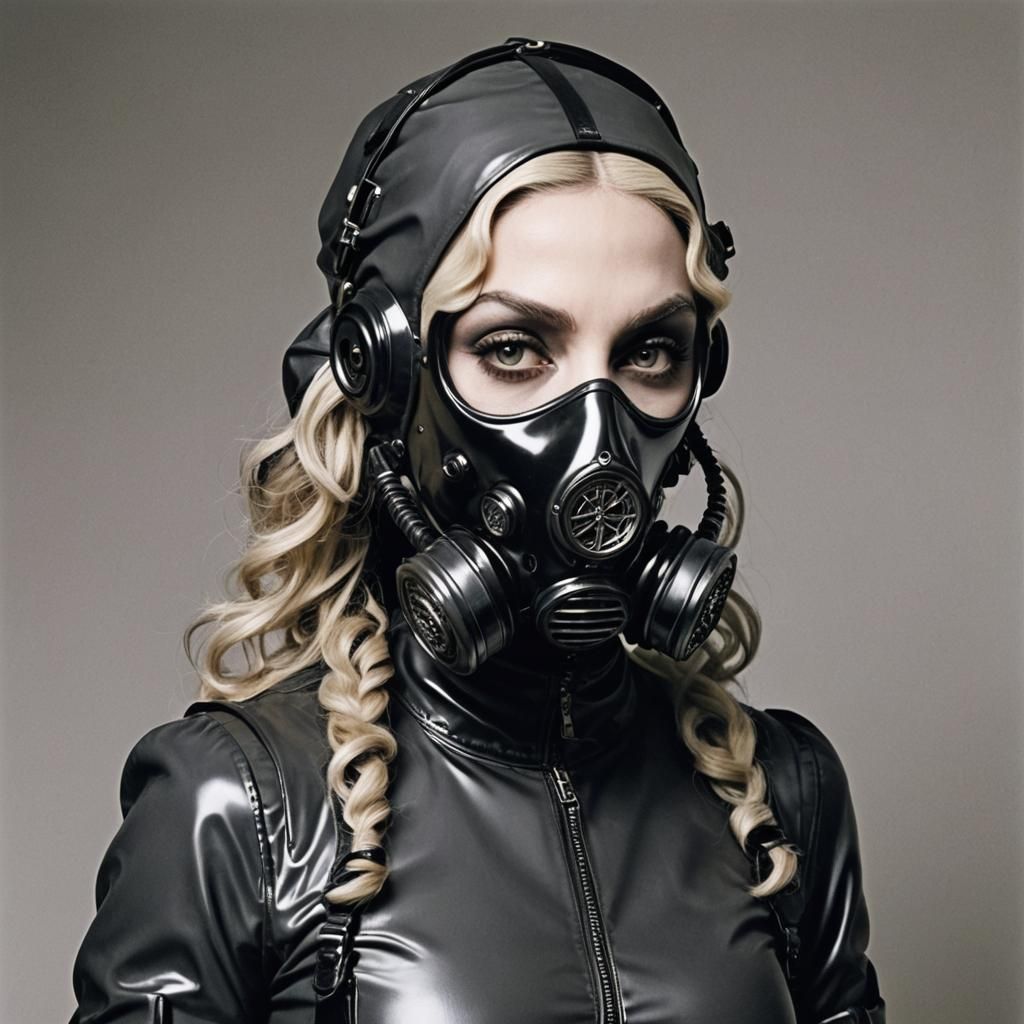 Figure in Black Latex Gas Mask