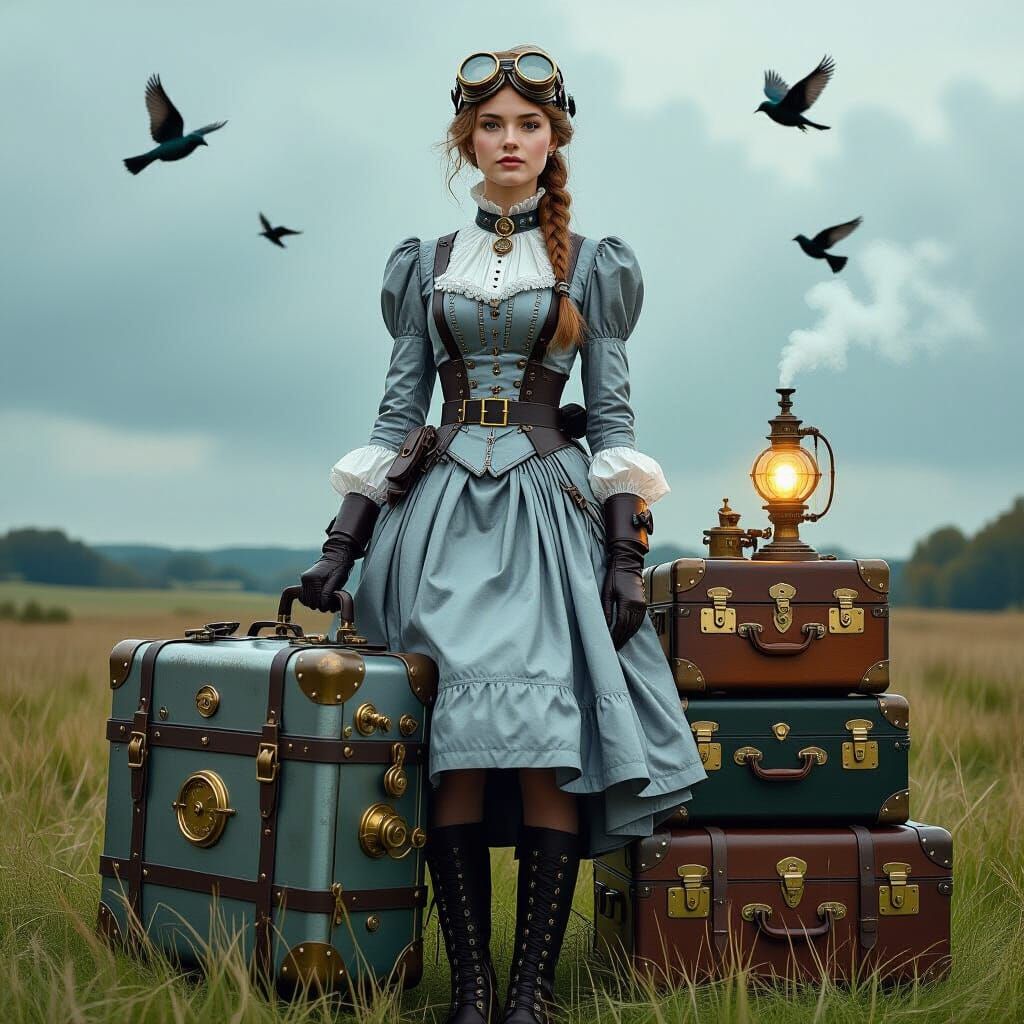 Steampunk Woman in Field with Mechanical Birds