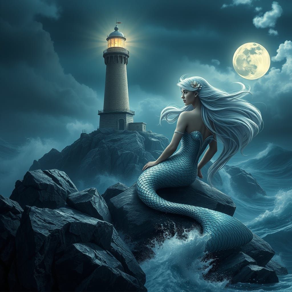 Mystical Mermaid by Lighthouse in Stormy Seas