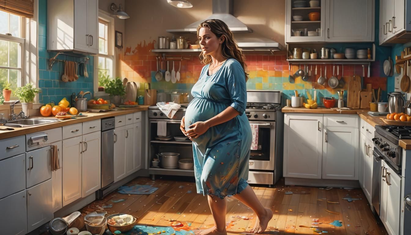 Hyperrealistic Pregnant Woman in Kitchen: Splash Art