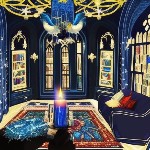 Gothic cobalt blue Ravenclaw themed living room with lots of crystals and candles and books