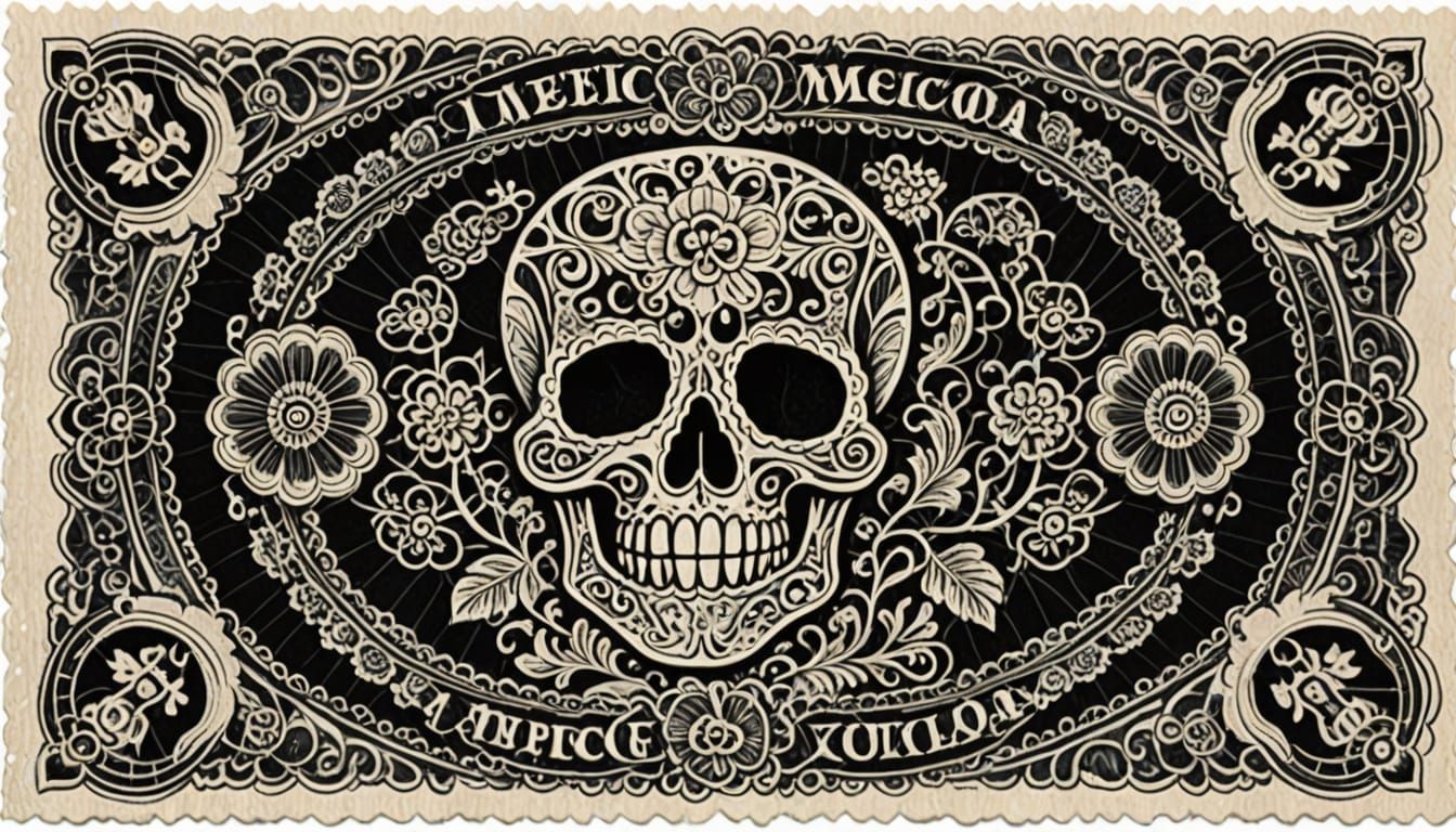Mexican Peso Calavera in Style of Old Engravings