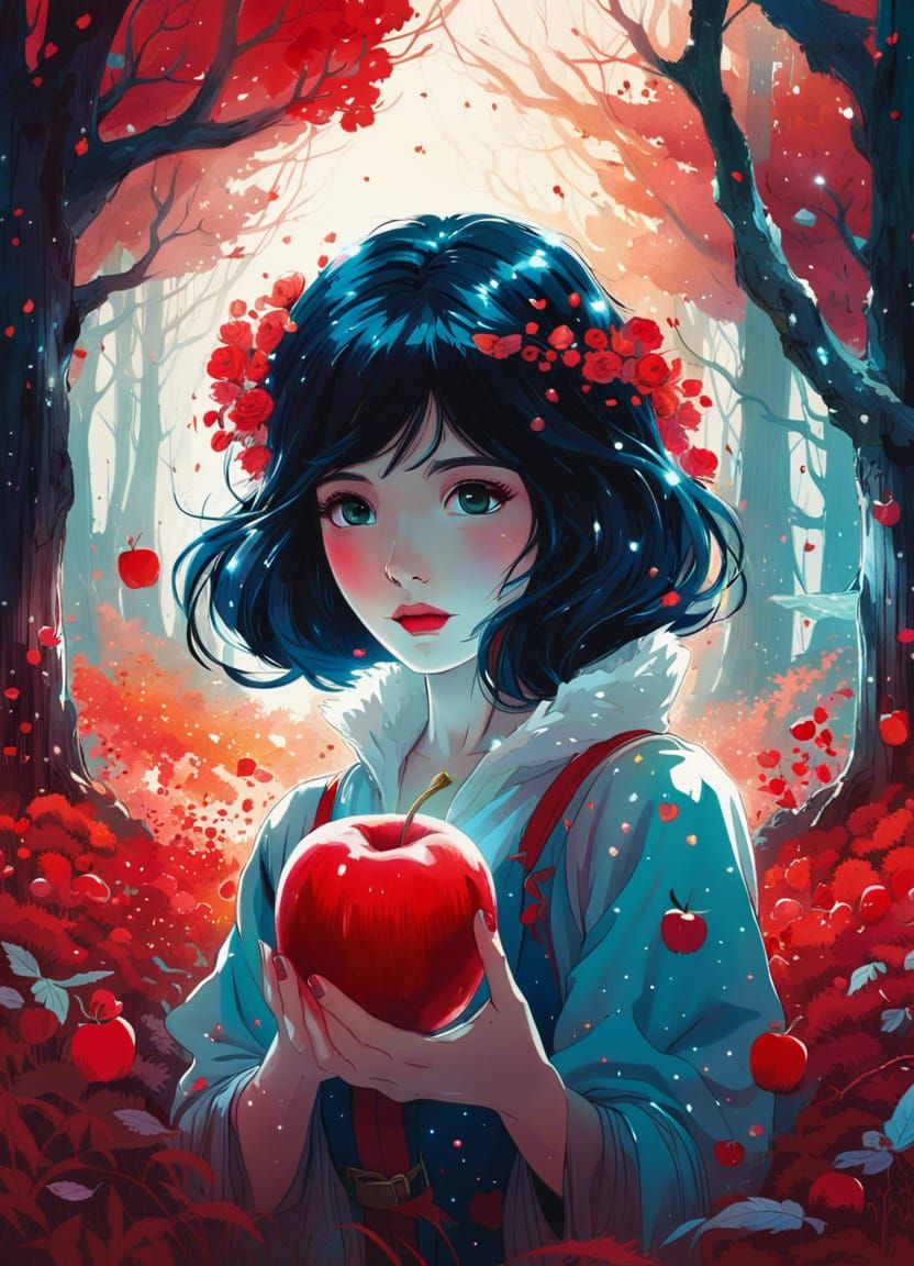 Snow White in Bioluminescent Forest, Anime Style