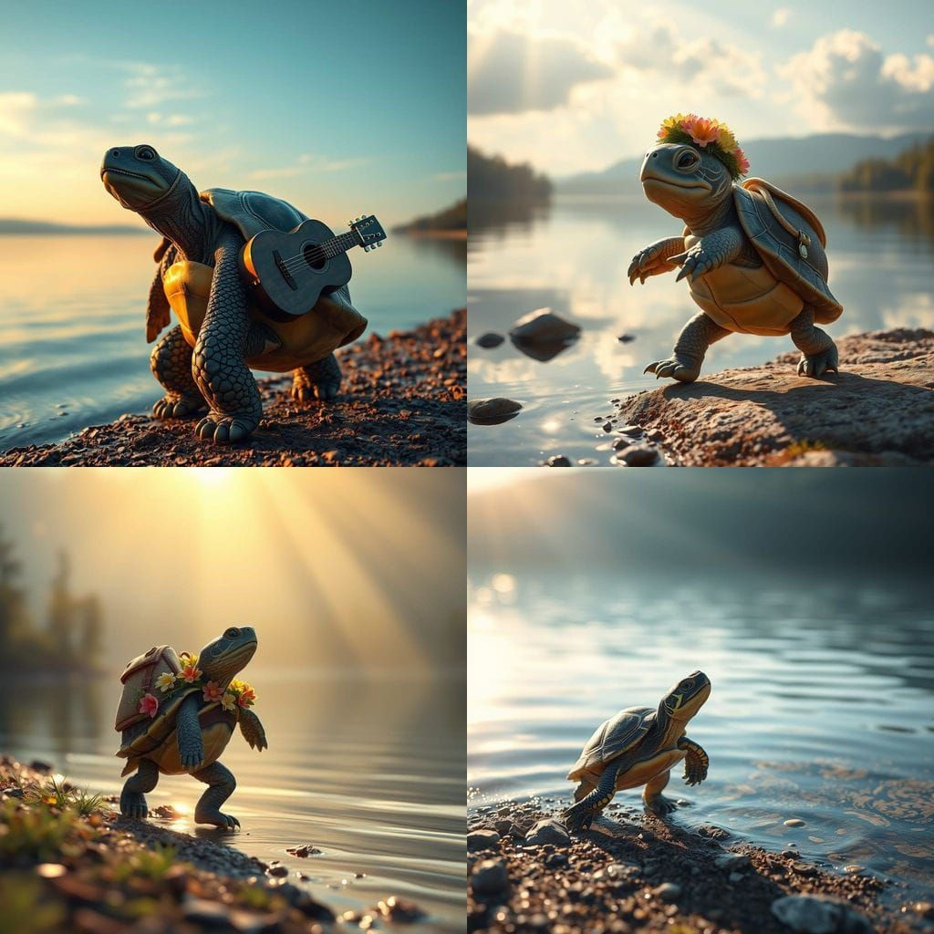 Happy Turtle Sings by the Lake in Hyperrealism