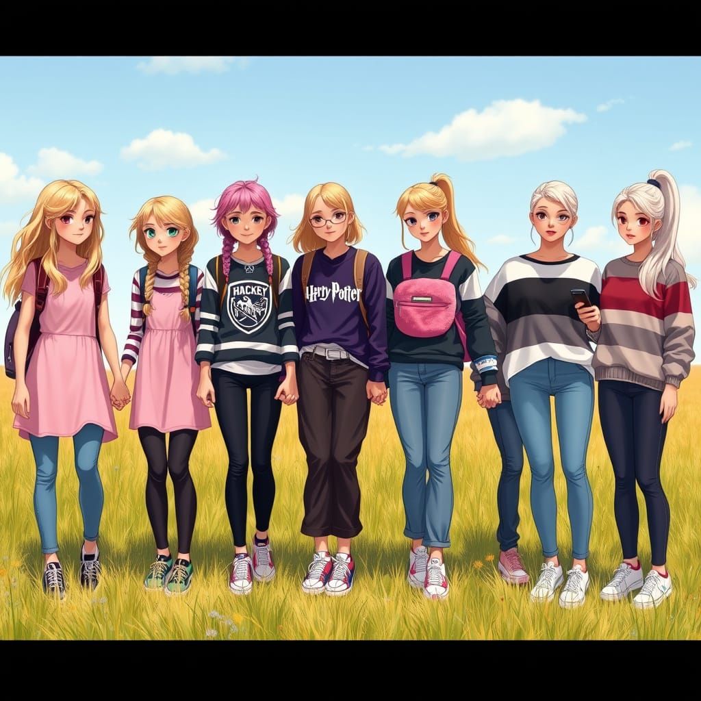 Six Friends Unite in a Vibrant Summer Scene, Blending Unique...