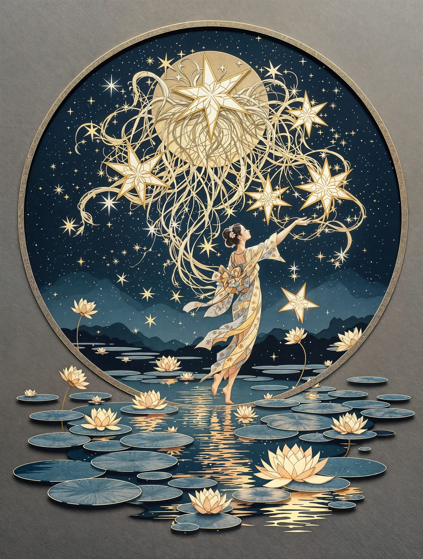 Elderly Japanese Woman in a Luminous Lotus Garden