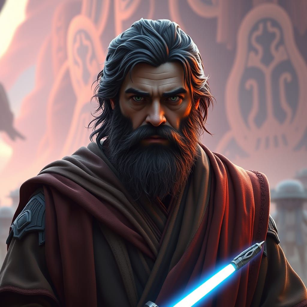 Heroic Bearded Jedi in Matte Fantasy Concept Art