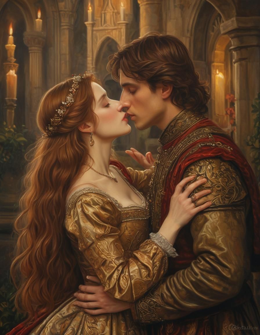A Young Noble Medieval Couple in a castle kissing, Half body...