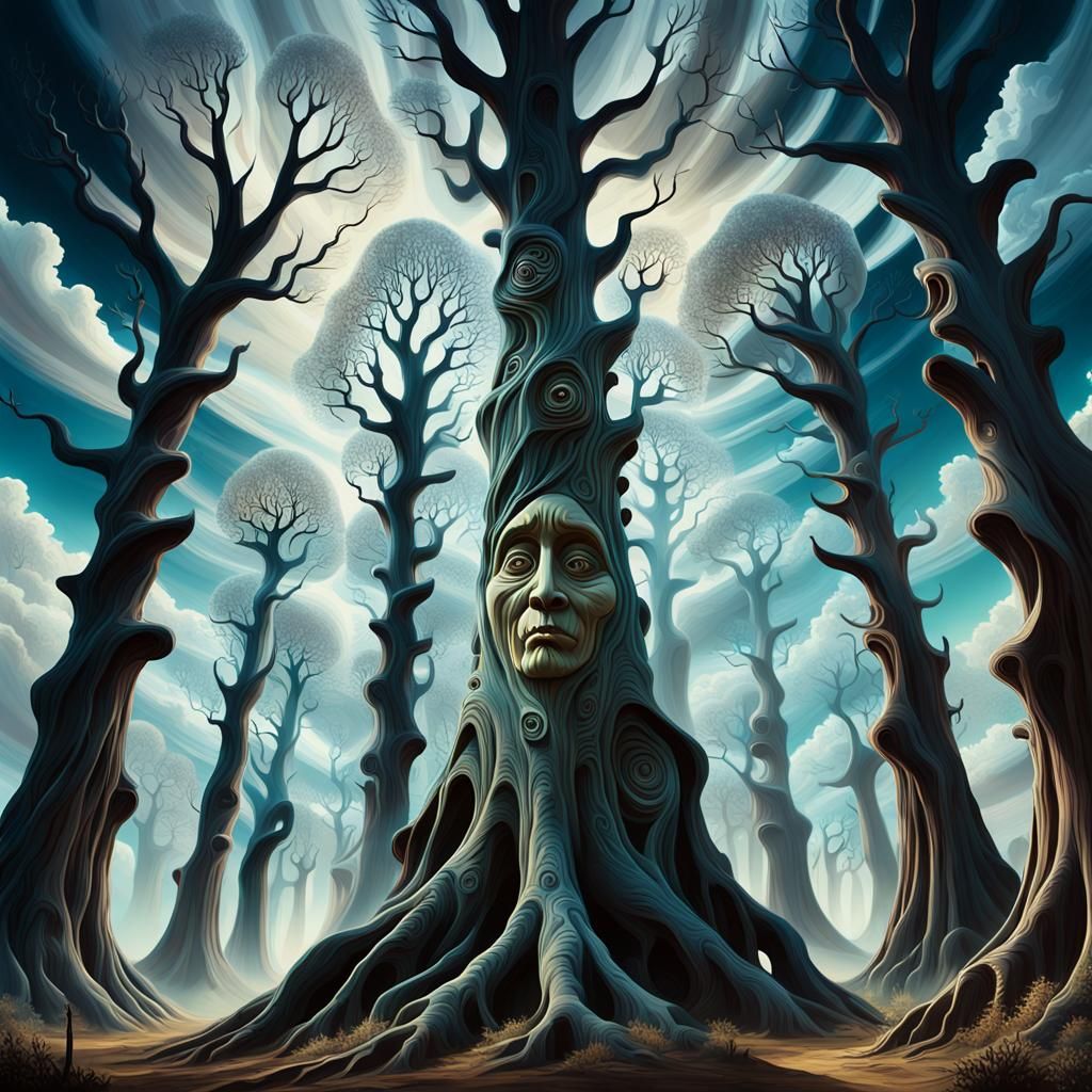Sentient Trees Guard Dreamlike Valley: Surrealist Image