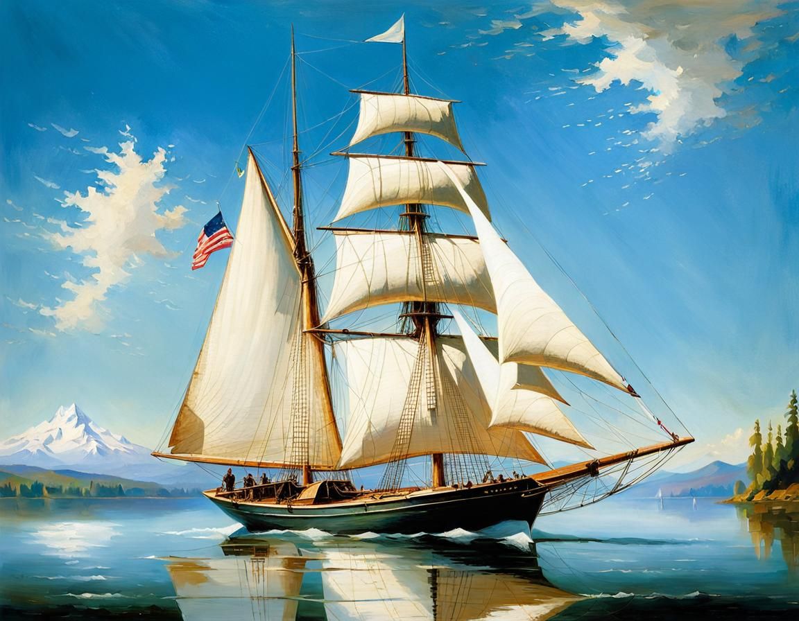 White Sailboat on Columbia River: Maritime Painting