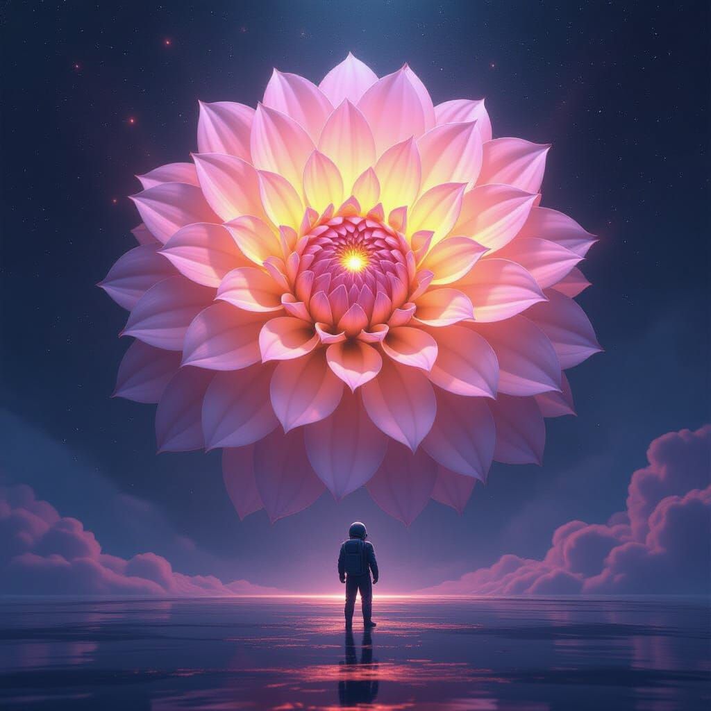 Astronaut Tethered to Cosmic Light Sculpture