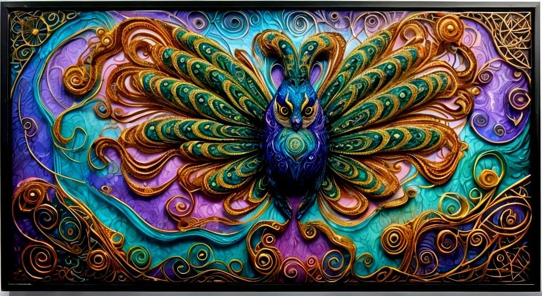 Surreal String Art Peacocks Portrait in Moonlight