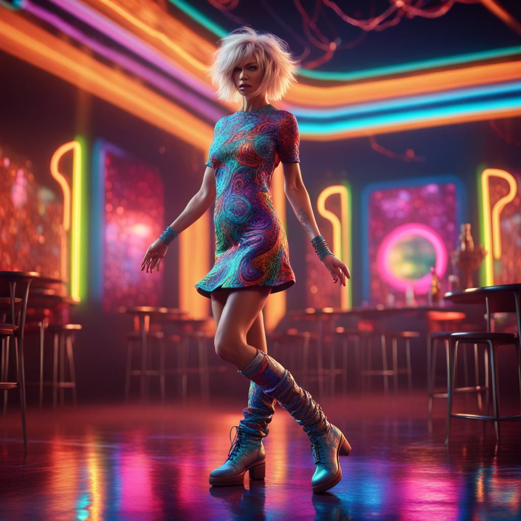 Blonde Woman Dancing in Psychedelic Gogo Outfit