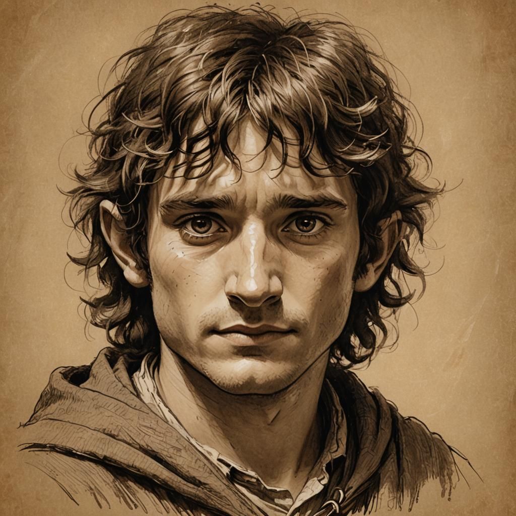 Frodo Baggins Portrait as Sepia Sketch